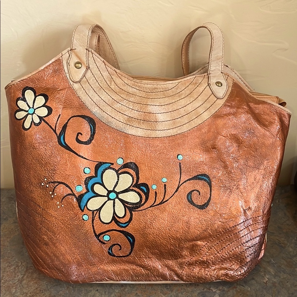 Leather Shoulder Tote Bag with Hand Painted Art